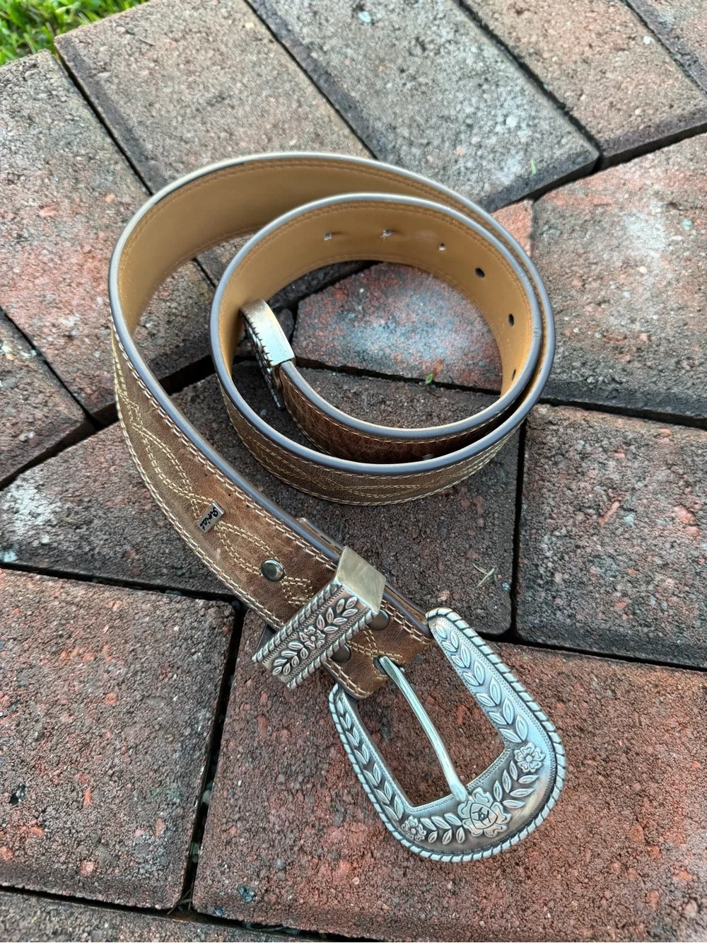 Ariat Brown Leather Western Belt with Silver Floral Buckle and Tip